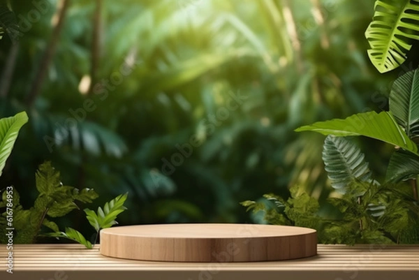 Fototapeta Wooden product display podium for cosmetic product with green nature garden background, 3d rendering