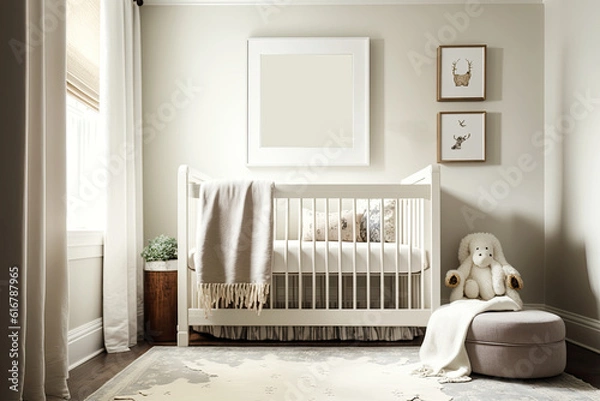 Fototapeta simple off white nursery with crib and rug and canvas on wall over crib, neutral tones, white background, ai generative