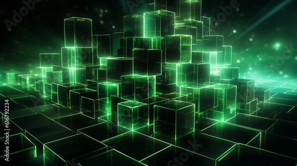 Fototapeta Glowing green technology abstract background, 3d rendering computer digital image