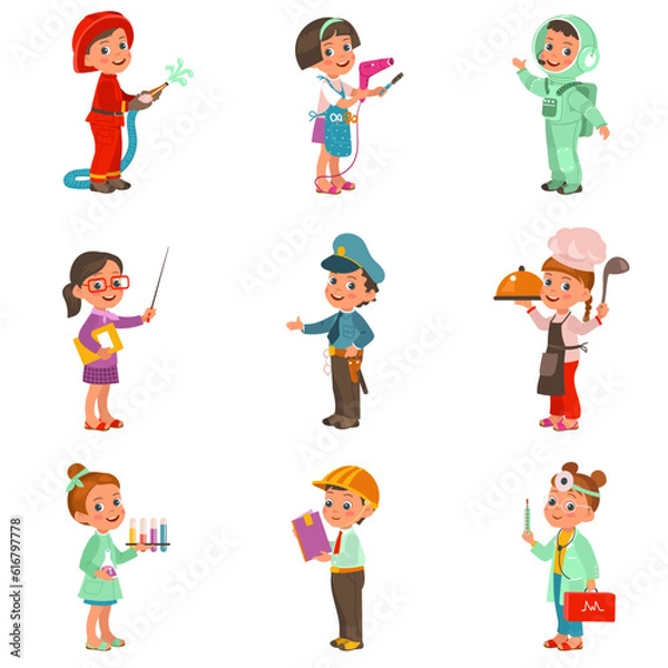Fototapeta Kids professional characters. Boys and girls in different workers uniforms. Teacher and fireman. People occupation. Standing policeman or cook. Children professions. Splendid vector set