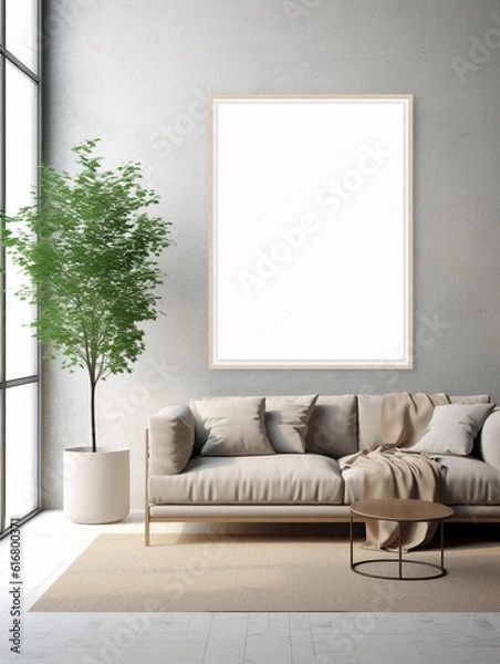 Fototapeta Mockup of a living room with an empty frame, created with AI generative technology