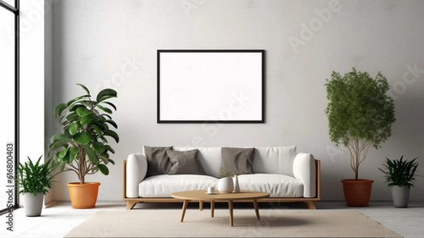 Fototapeta Mockup of a living room with an empty frame, created with AI generative technology
