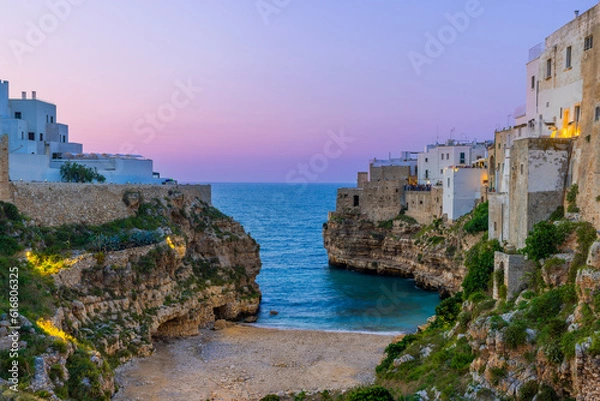 Obraz Beach of Cala Paura in Puglia At Sunset, Adriatic Sea., Lama Monachile beach, Polignano a Mare, Apulia, Italy, province of Bari.