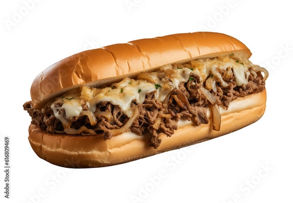 Obraz Philly Cheesesteak Sandwich on transparent background. Generative AI.