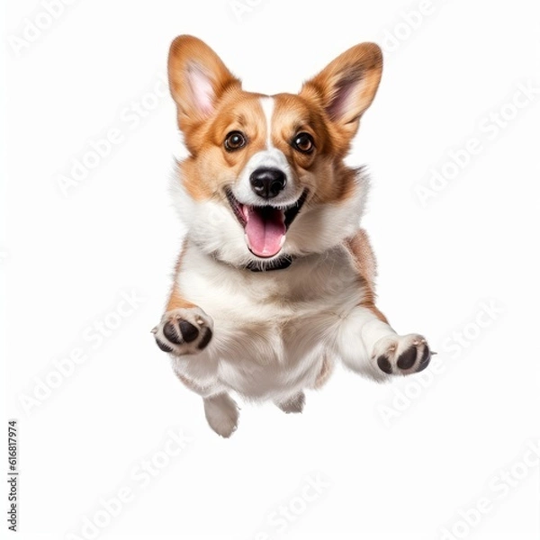 Obraz Jumping Corgi Dog. Isolated on Caucasian, White Background. Generative AI.