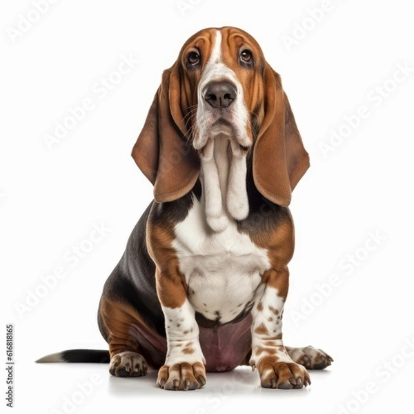 Fototapeta Sitting Basset Hound Dog. Isolated on Caucasian, White Background. Generative AI.