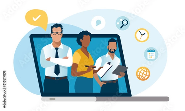 Fototapeta On line service team. Customer service, help desk. Online technical support. Vector illustration. 