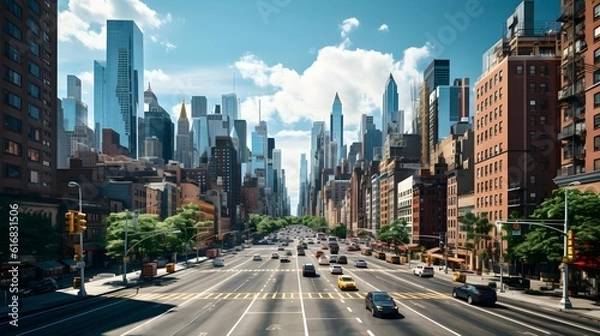 Fototapeta Dynamic urban skyline with skyscrapers, cars, and bustling city streets.