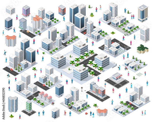 Obraz Set of modern isometric buildings and houses for sites and games.