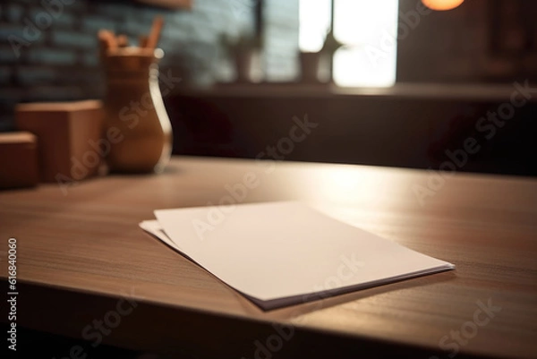 Fototapeta Sheets for writing on kitchen table, with out-of-focus background