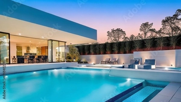 Obraz Wide-Angle Shot of Modern House Exterior Pool Side. Mid-Century Architecture Design Idea of Swimming Pool and Landscaping.