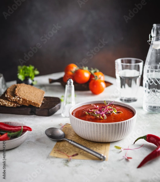 Fototapeta tomato soup with bread