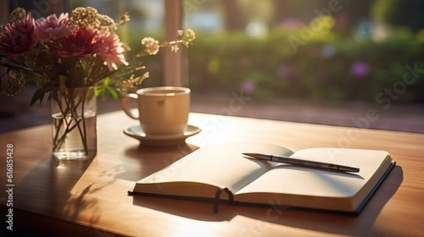 Fototapeta A whimsical illustration of a notebook with a pencil atop, bathed in morning light, inspiring creativity and writing. Generative AI.