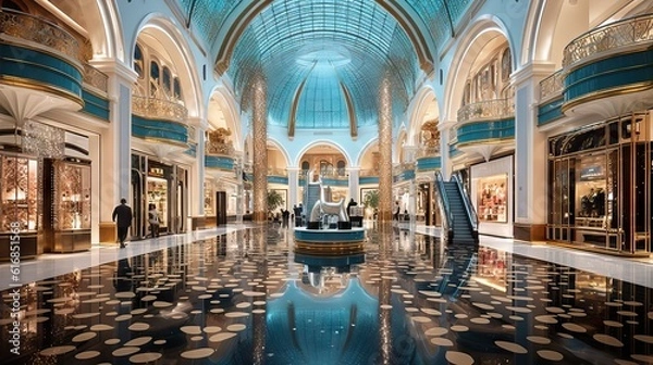 Fototapeta A spacious, luxurious mall interior with elegant stores, high ceilings, and visually appealing design elements. Generative AI.