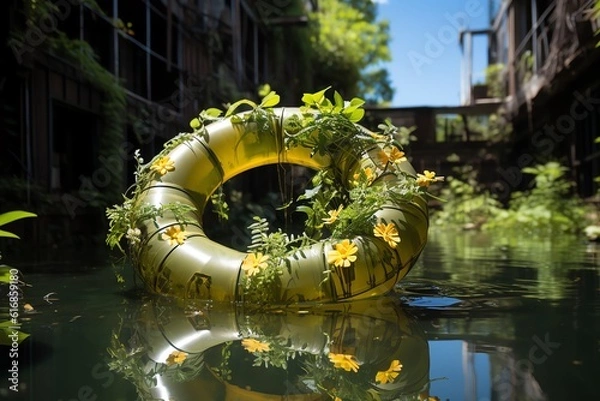 Fototapeta Abandoned pool float deflated in an overgrown back view