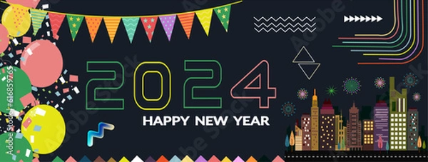 Fototapeta Happy new year 2024 text banner design with modern calligraphy and dark background. stylest Greeting card for new year 2024 with abstract colorful geometric design. New Vector illustration.