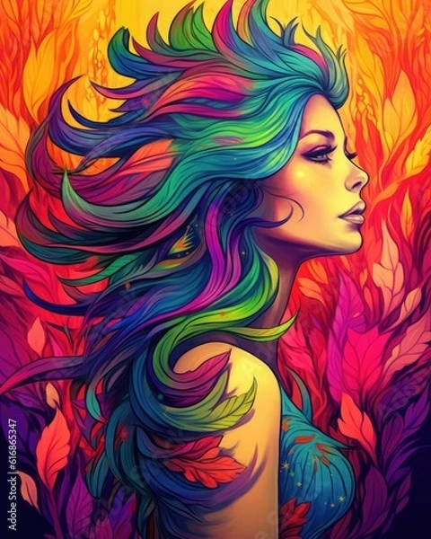 Fototapeta The girl has colorful hair and looks pretty. (Illustration, Generative AI)