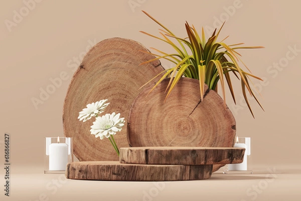 Fototapeta Empty round wooden slats stacked as a product stand. Decorate with flowers and candlesticks. Minimal mockup for product presentation. 3D rendering and clipping path each element.
