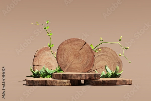 Fototapeta Empty round wooden slats stacked as a product stand. Decorate with small plants. Minimal mockup for product presentation. 3D rendering and clipping path each element.