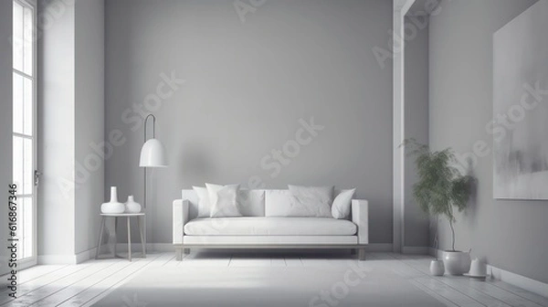 Fototapeta modern living room in the style of japanese minimalism in grey warm tone, calming and introspective aesthetic interior design generative ai