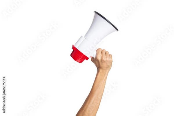 Fototapeta male hand holding a megaphone on a white background with clipping path