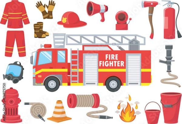 Obraz Set of firefighting elements cartoon