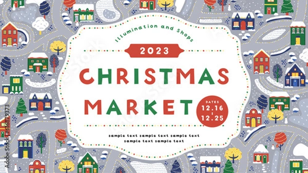 Obraz クリスマス向け広告テンプレート／冬の街並みのフレーム（横向き16:9）