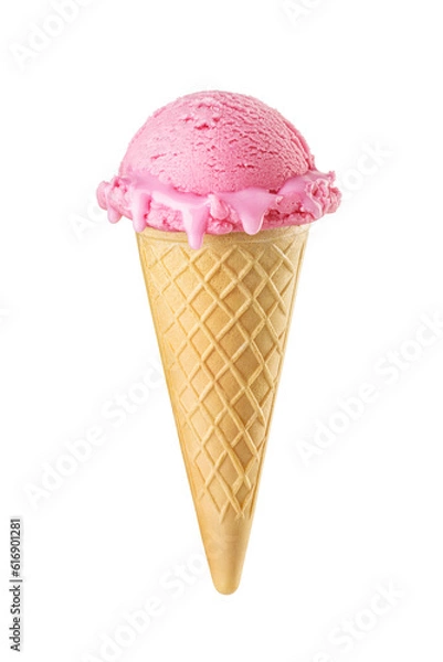 Fototapeta Melting pink ice cream scoops served on a waffle cone isolated. Transparent PNG image.