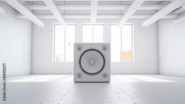 Fototapeta acoustic speaker in an empty white room concept pure sound music. Generative AI