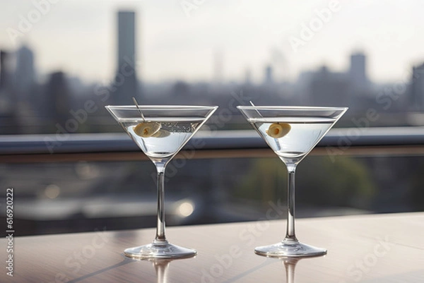 Fototapeta Two glasses of martini with olives on the terrace. Roof bar with city view. Generative AI