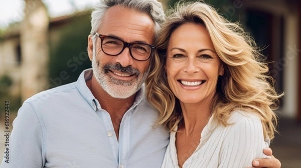 Fototapeta Portrait of happy european couple looking at camera in the city. Portrait of smiling couple standing in street, lifestyle. Cheerful caucasian couple embracing each other. AI Generated.