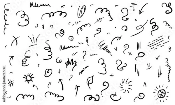 Fototapeta Abstract arrows, ribbons, crowns, hearts, explosions and other elements in a hand-drawn style for conceptual design. Illustration in the form of doodles. Template for registration