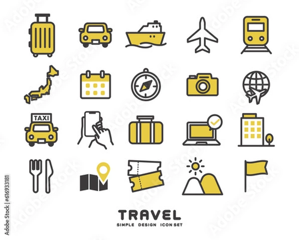 Fototapeta 観光やお出かけに関するシンプルなアイコンのベクターイラスト素材／インバウンド／旅行