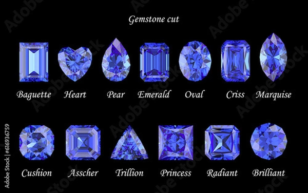 Fototapeta Set of blue sapphires in various cuts. Cutting scheme. Crystals on a black background. Jewelry technologies. 3d rendering.