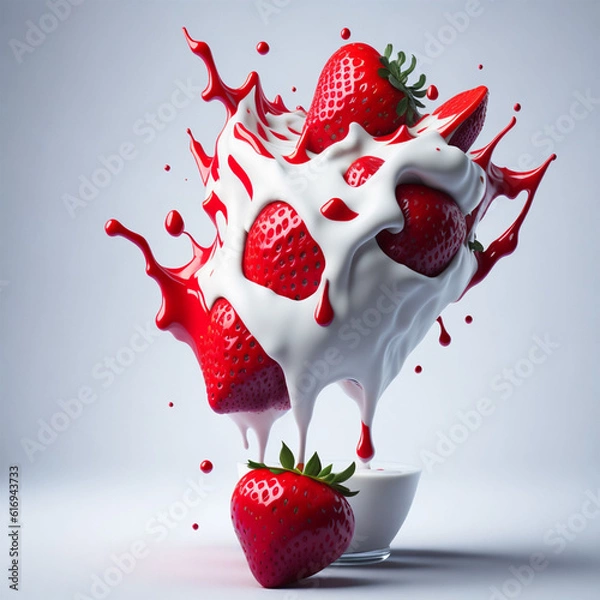 Obraz milk or yogurt splash with strawberries isol Generative AI