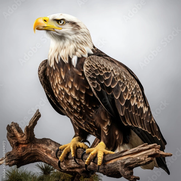 Fototapeta A majestic bald eagle perched on a tree branch, displaying its intense gaze.
