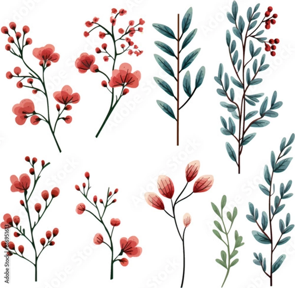 Fototapeta Set of floral branch. Flat   isolated on white background.