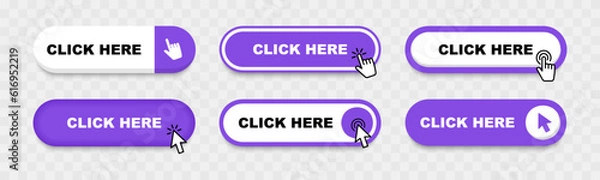Obraz Click Here Button with pointer clicking. Web button set. Click button. Clicking the icon. Action button click here with click cursor. Vector illustration.