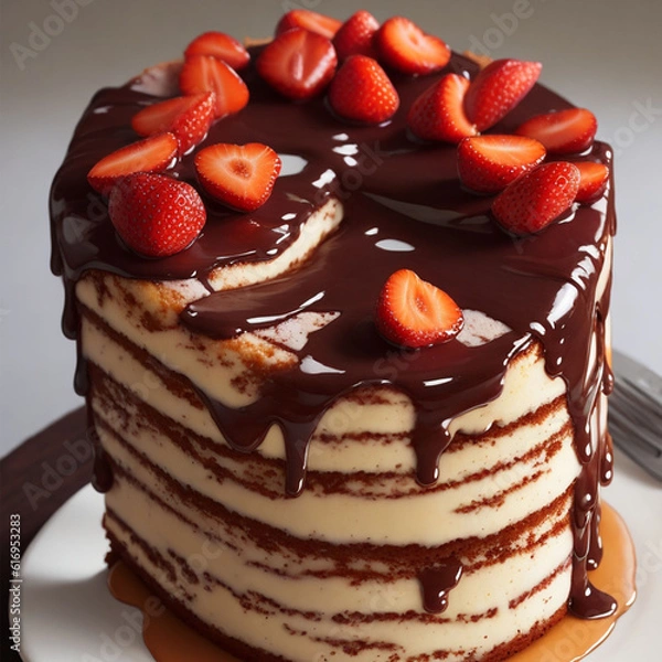 Obraz chocolate cake with strawberries and cream generative ai