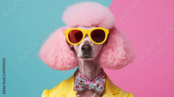 Fototapeta Poodle dog is wearing pink and yellow sunglasses in style of eye-catching resin jewelry. Generative AI