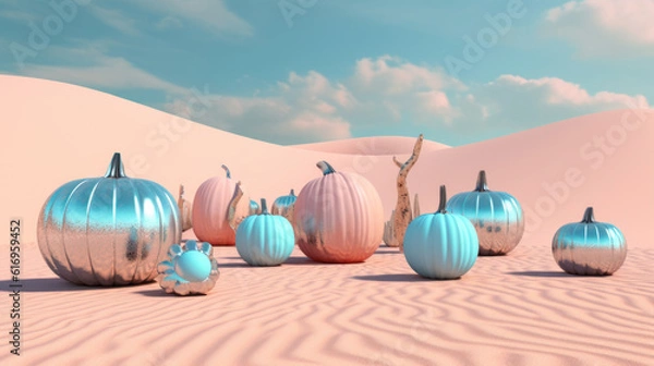 Fototapeta Several aluminum pumpkins in a desert atmosphere. generative AI