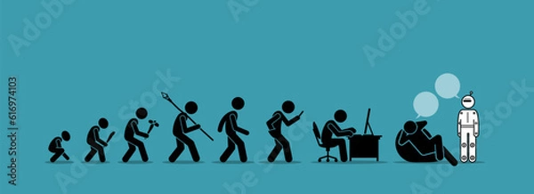 Fototapeta Evolution of human technology AI artificial intelligence chatbot robot timeline. Vector illustration depicts concept of future, digital transformation, gpt, robotic age, and technologies change.