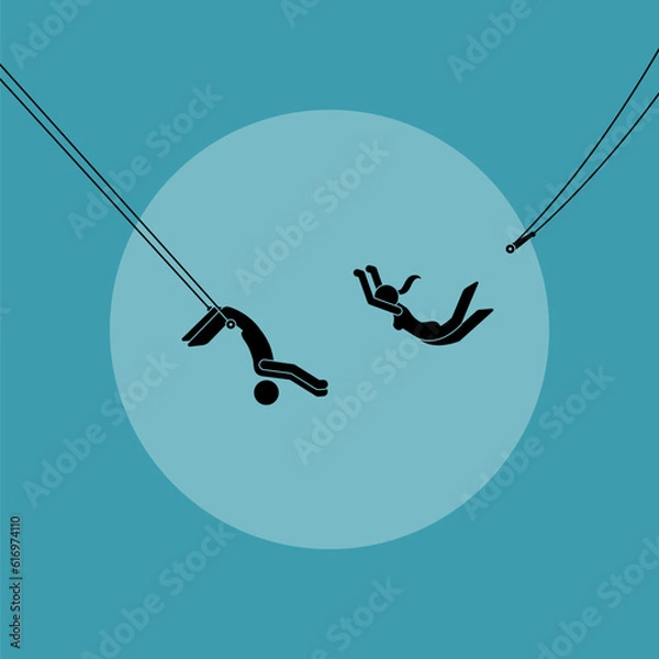 Obraz Two trapeze artist performing in acrobatic circus aerial stunt. Vector illustration depicts concept of trust, reliability, confidence, belief, entrust, commitment, and faith.
