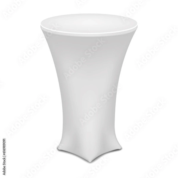 Fototapeta Blank white cocktail table vector mockup. Trade show promotional round counter display stand realistic mock-up. Template for design