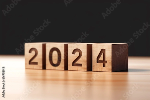 Fototapeta 2024 New Year. Wooden block letters showing the numbers 2024, Goal plan, goal concept, action plan, strategy, new year business vision