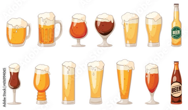 Fototapeta A set of glasses and bottles with beer. Dark and light beer in glasses of different shapes. Festival of light alcoholic beverages. Vector illustration