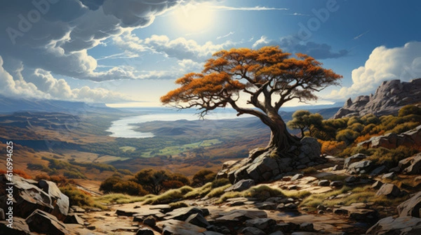 Fototapeta Generative ai illustration of Surreal majestic tree on top of a hill, detailed, path up the hill, vast landscape