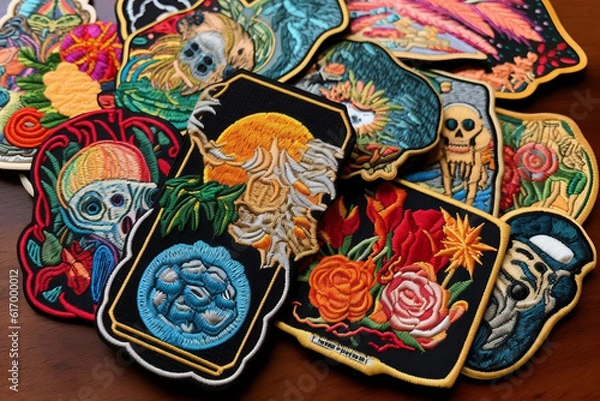 Fototapeta A charming photo capturing a bundle of beautifully embroidered patches along with a needle and thread, denoting the artistry in sewing.