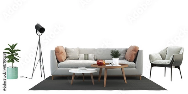 Fototapeta Modern interior furniture. Living room interior house floor template background frame mockup design copy space 3d render, isolated on transparent background	
