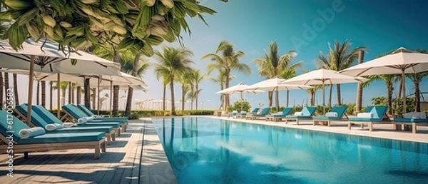Fototapeta Luxurious swimming pool and loungers umbrellas near beach and sea with palm trees and blue sky, Generative AI